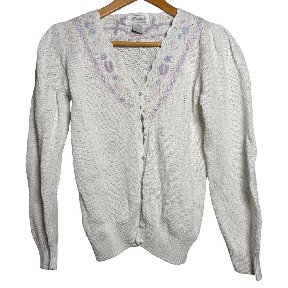 Margules Vintage Embroidered Granny Knit Cardigan Cream Ramie Cotton Medium